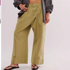 Free People Sweet Talk Chino Pants NEW Dried Aloe NWOT 10 Wide Leg Linen Cotton